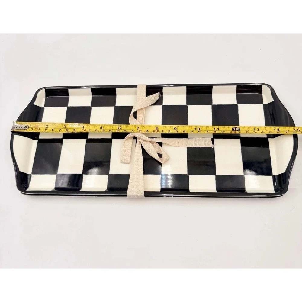 Black and White Checkered Melamine Serving Tray Scalloped Rectangular Platter